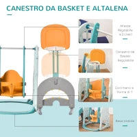 Scivolo per Bambini 4 anni max con Altalena, Canestro, Porta e Anelli, in HDPE e PP, 210x186x133 cm