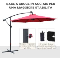 Ombrellone da Giardino a Braccio Ø3x2.4  m con Manovella e 8 Strisce LED a Energia Solare, Rosso scuro