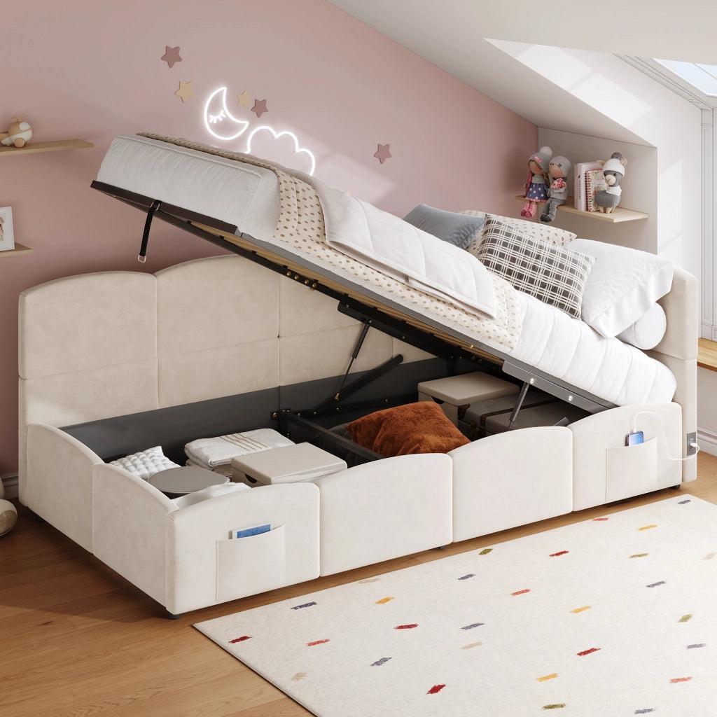 OKWISH Letto contenitore 90×200 cm, Letto Singolo con Porte USB A e USB C, Tasche Portaoggetti e Apertura Idraulica, senza Materasso, Velluto, Beige