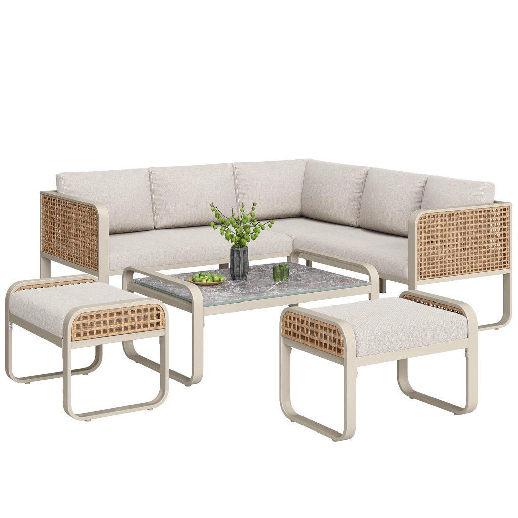Set Divano da Giardino Angolare 6-7 Posti ¨C MINIMAL ¨C Polyrattan Beige con Cuscini