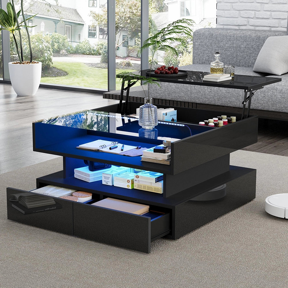 Tavolino regolabile - Xylo - 80x80cm vetro temperato 2 cassetti LED nero