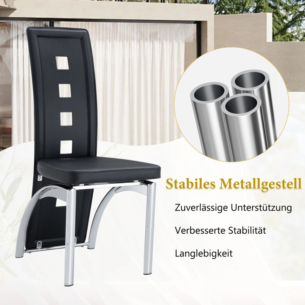 Set 2 sedie da pranzo moderne con schienale traforato; PU nero e metallo argentato; 102;5 cm