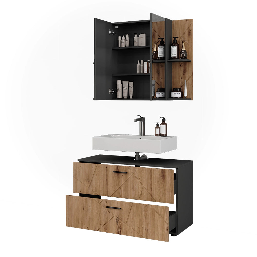 Set di mobili da bagno Irma Antracite/Rovere dorato 2 parti Vicco