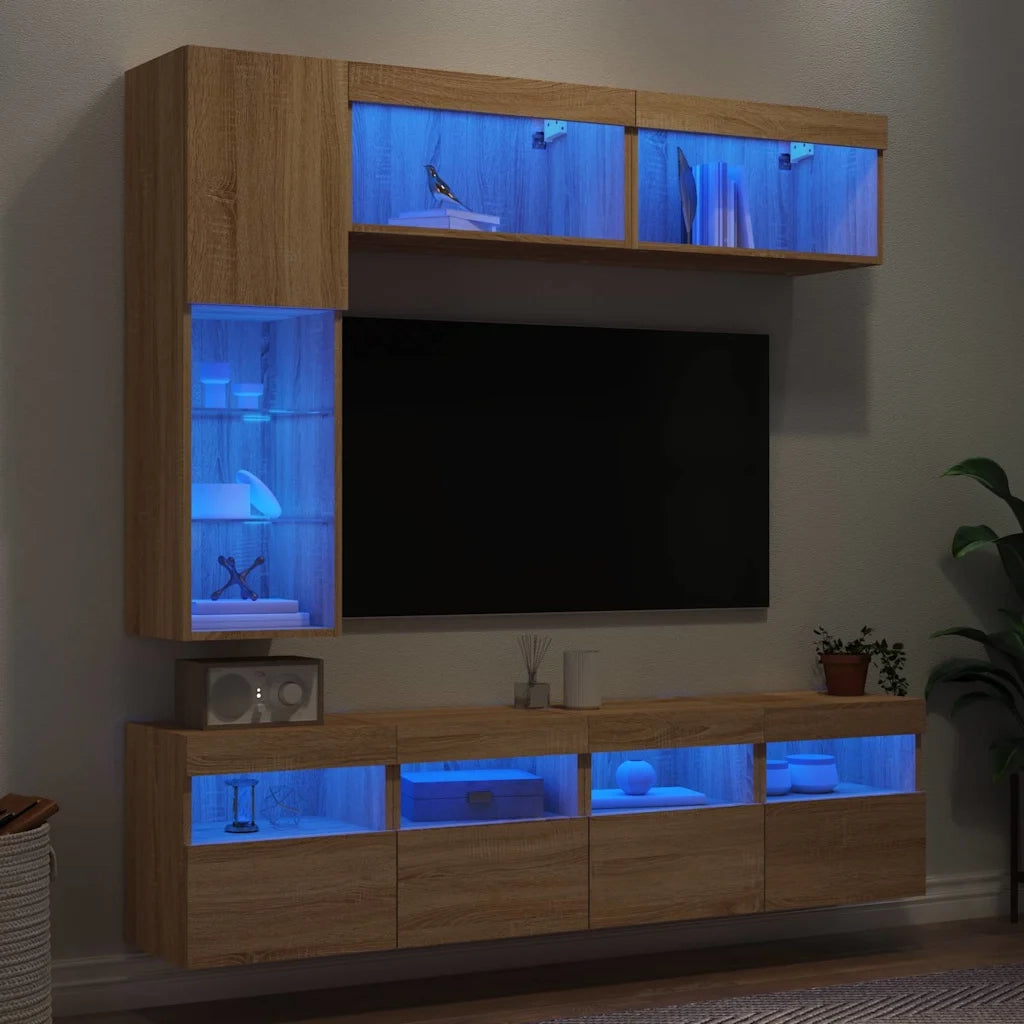Set Mobili TV a Muro 7 pz | Armadietto TV | Mobile Porta TV con Luci LED Rovere Sonoma