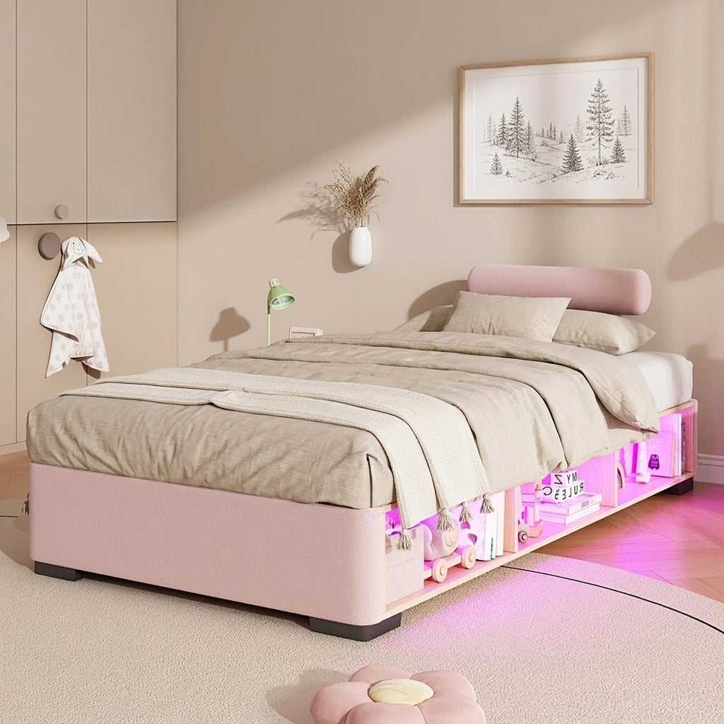 Letto per Bambini 90x200 cm - LED; Mensole e Testiera Montabile - Velluto - Rosa