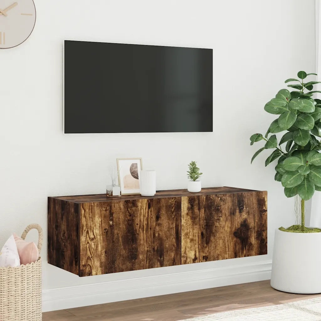 Mobile TV a Parete | Armadietto TV | Mobile Porta TV con Luci LED Rovere Fumo 100x35x31 cm