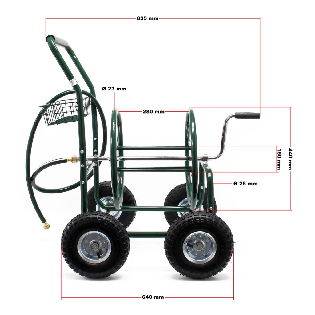 Carrello avvolgitubo da giardino con manovella, tubo non incluso, per tubi da 16mm (5/8″) lunghi max 76m, ruote 25cm