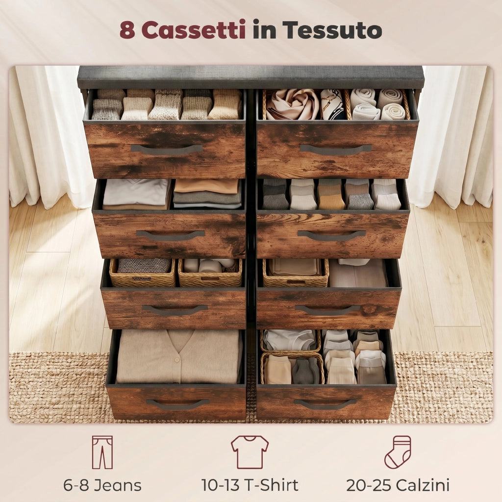 Cassettiera 8 Cassetti, Mobile in Metallo per Camera Da Letto, Marrone Rustico
