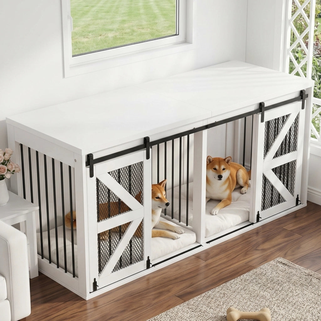 Cuccia per cani con divisorio centrale fisso e porte scorrevoli in MDF e metallo bianco 160 × 60 × 75 cm