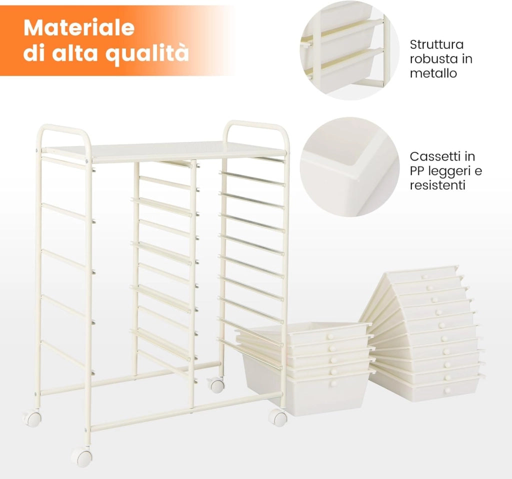 Carrello con 15 Cassetti Impilabili, Carrello di Stoccaggio con Ruote, Carello Portaoggetti per Casa e Ufficio, 62,5 x 37 x 87 cm (Bianco)