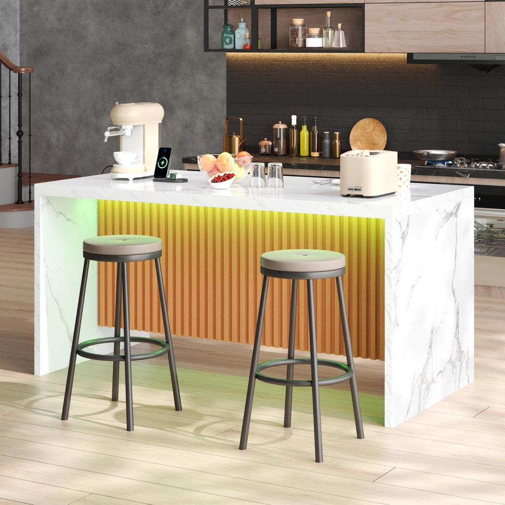 Isola cucina con 2 prese e 2 porte USB; LED; piano 40 mm - per cucina aperta - in MDF - 155×80×90 cm - bianco