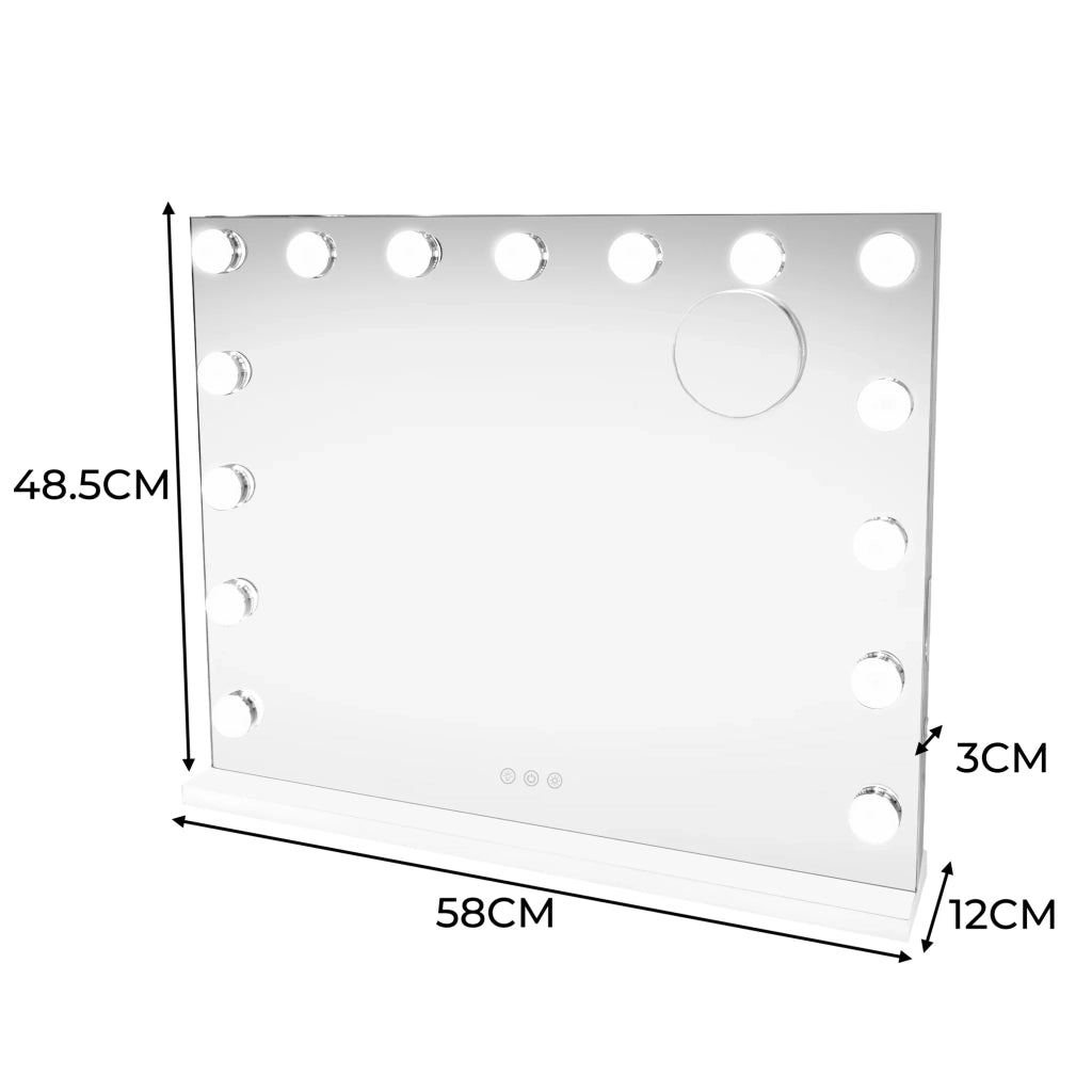 Specchio LED Hollywood 58cm, 3 Luci, BT, USB, 10x Zoom, Dimmer