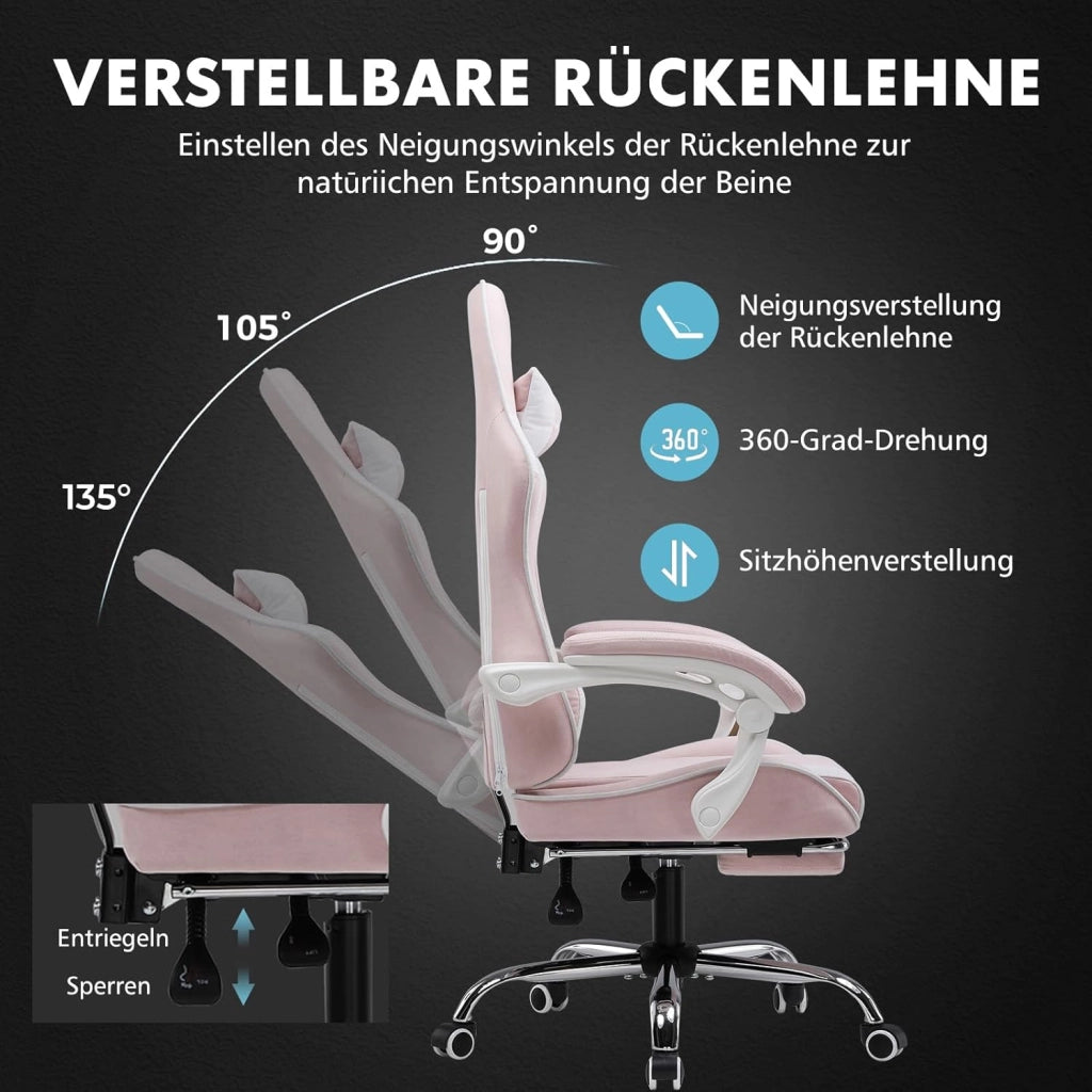 Sedia da gioco, sedia da ufficio, sedia ergonomica, sedia da gioco, con supporto per massaggi, sedie task con poggiapiedi e poggiatesta, tessuto rosa