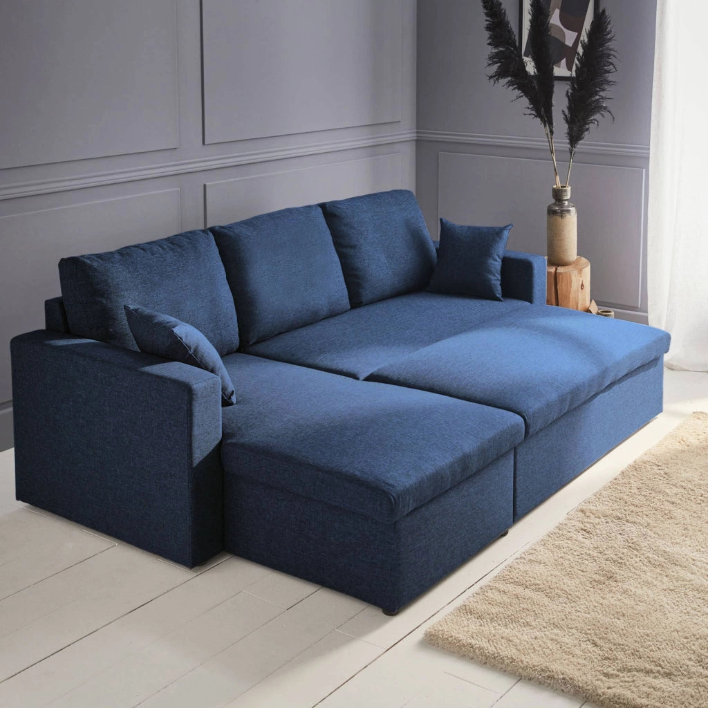 Divano letto angolare reversibile con contenitore, 3 posti, blu