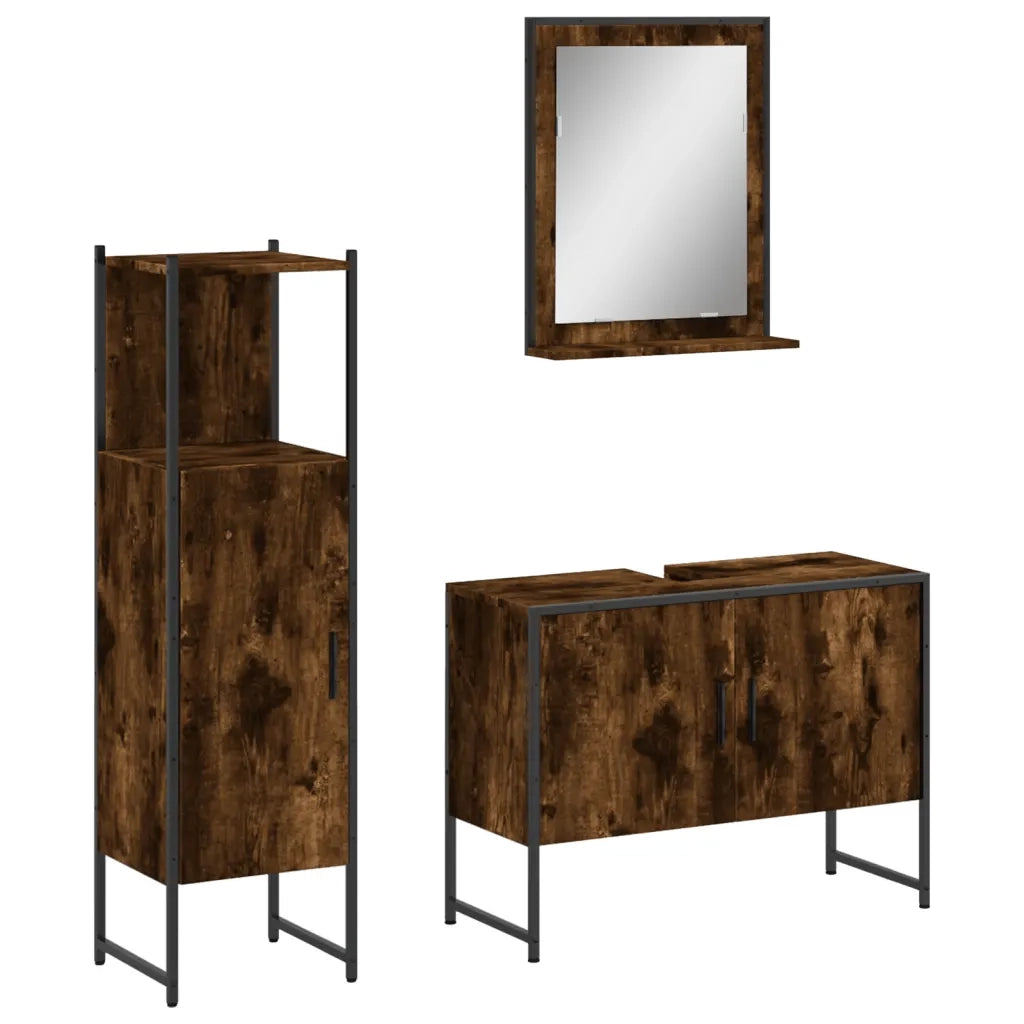 Set Mobili da Bagno | Armadio da bagno 3 pz Rovere Fumo in Legno Multistrato