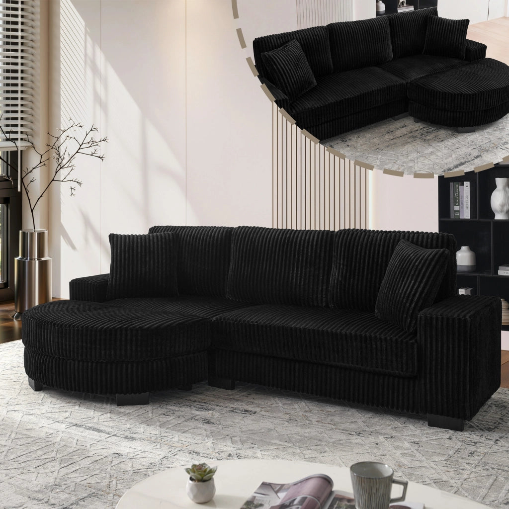 Divano angolare modulare in velluto a coste con pouf ovale reversibile e 2 cuscini nero 256,5 × 133,5 × 89 cm