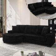 Divano angolare modulare in velluto a coste con pouf ovale reversibile e 2 cuscini nero 256,5 × 133,5 × 89 cm