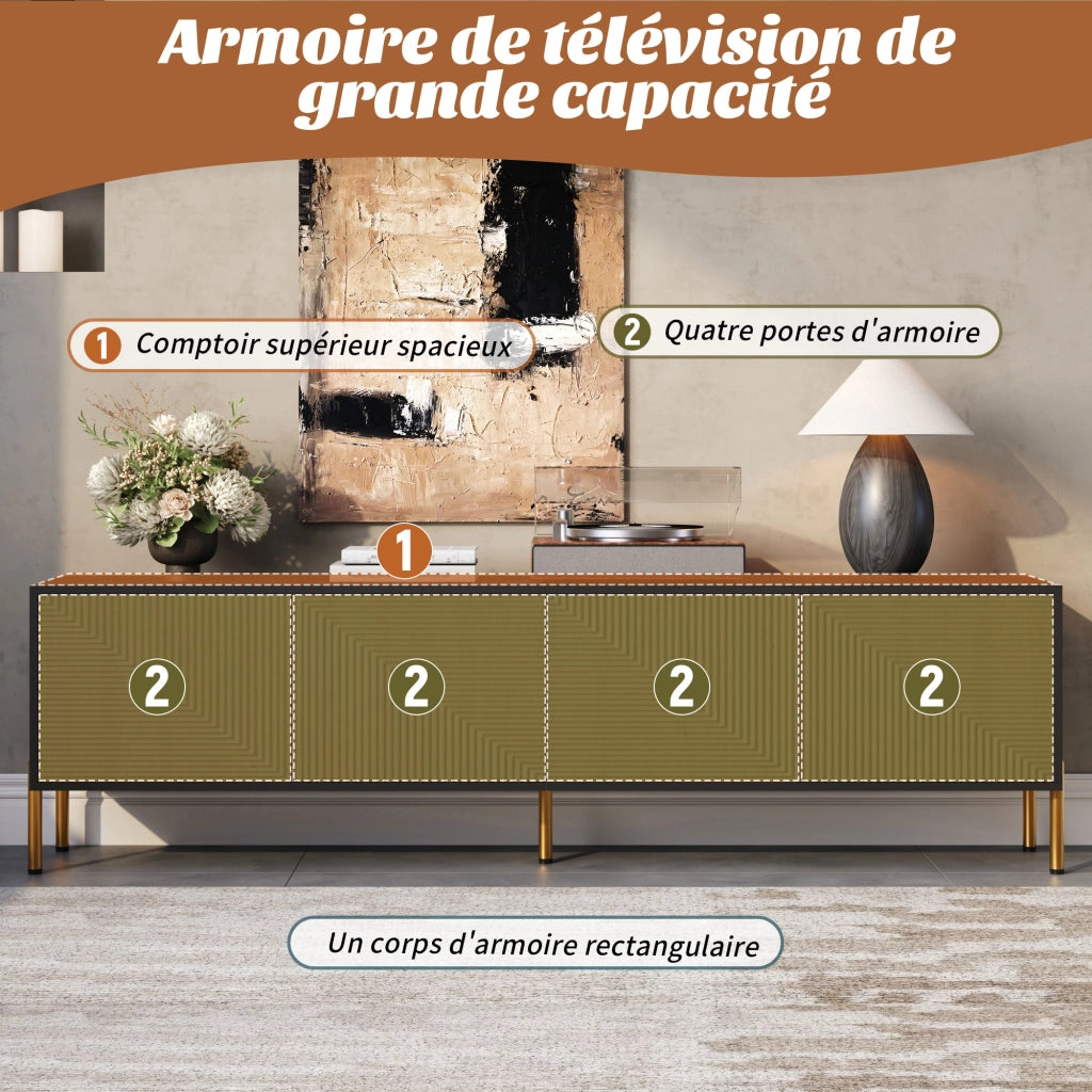 Mobile TV con 4 Ante senza Maniglie e Piedini in Metallo Dorato; Stile Moderno; 179??35??53;5 cm; Nero Naturale