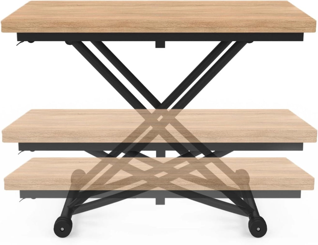 Tavolino 2 in 1 URBANA, trasformabile in tavolo da pranzo rettangolare, 100 cm, legno e nero, design industriale