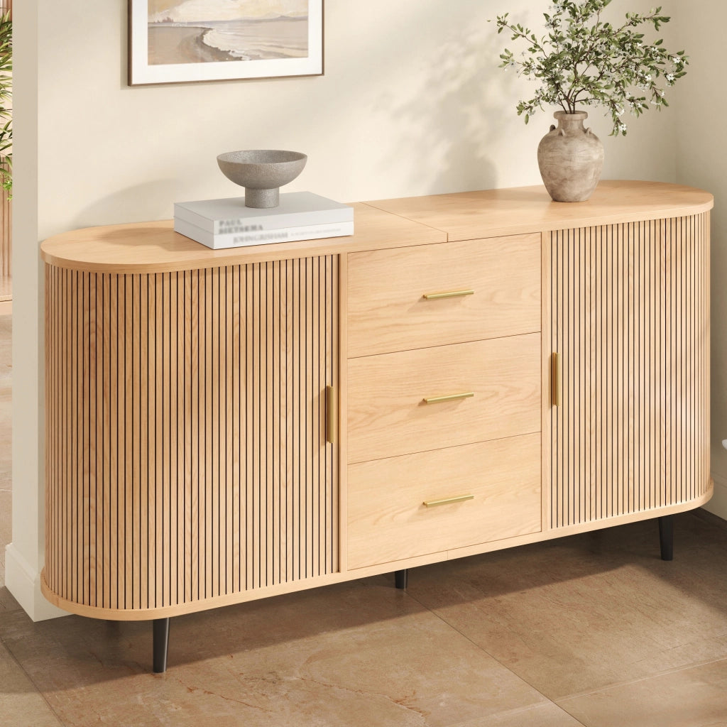 Credenza da sala da pranzo, mobile da ingresso, 3 cassetti, ante scorrevoli, piedini in metallo, colore del legno grezzo