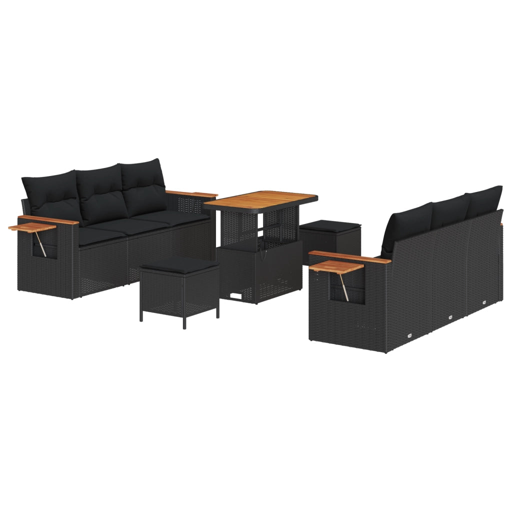 Set Divano Giardino 9 Pezzi con Cuscini Polyrattan Nero Acacia