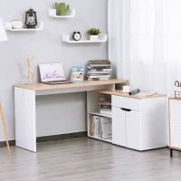 Scrivania Angolare con Libreria a 2 Ripiani, Armadietto e Cassetto, 140x117x76 cm, color Legno e Bianco
