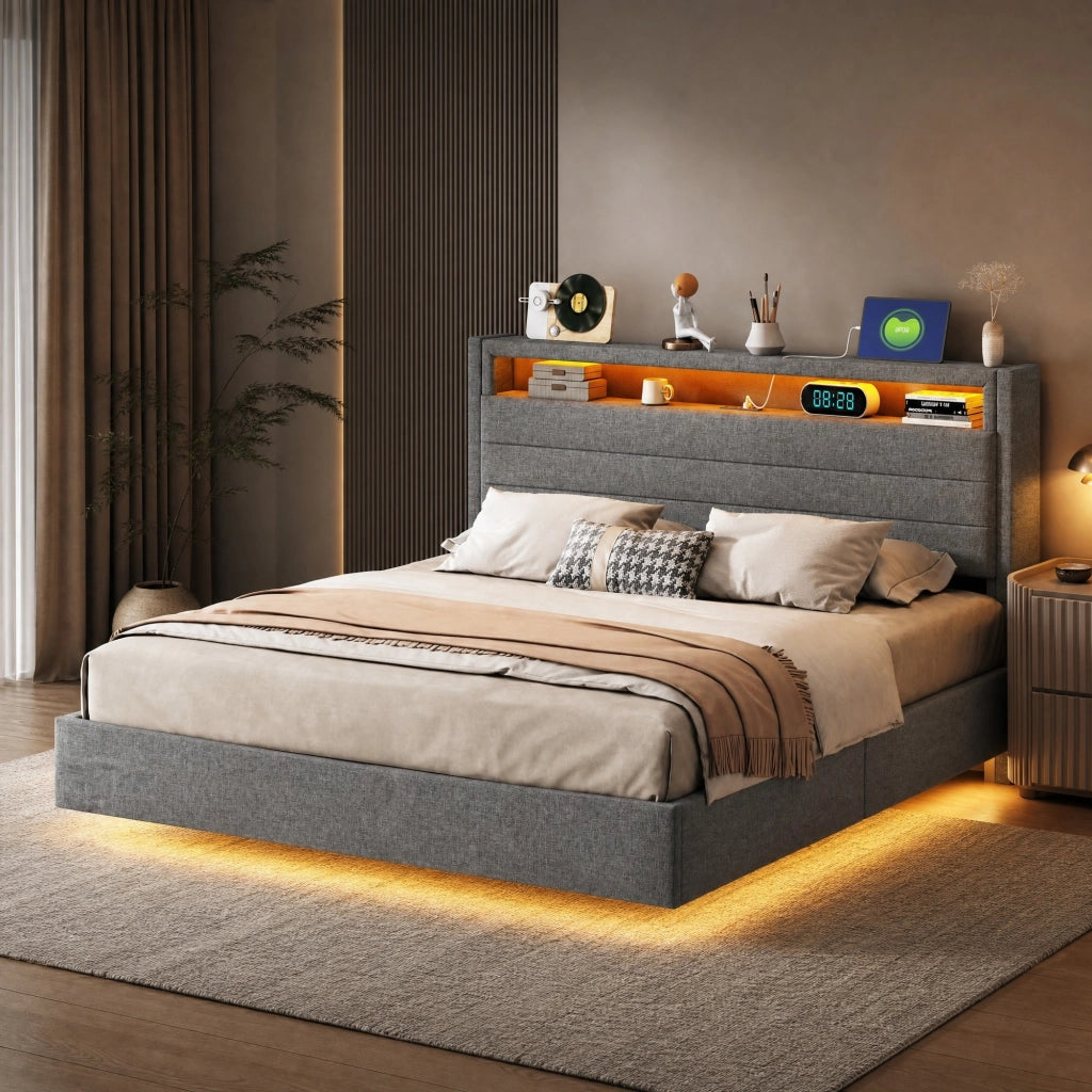 Letto matrimoniale imbottito 140x200 cm con contenitore idraulico, LED e USB, grigio