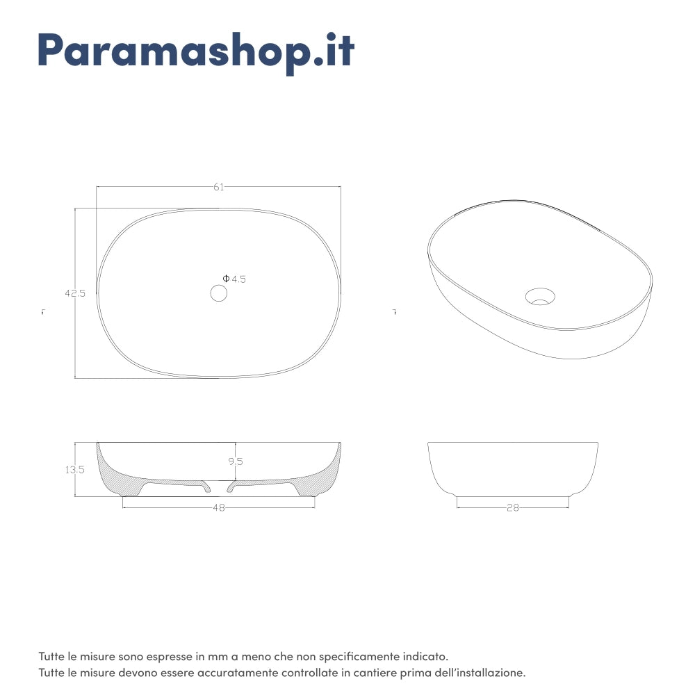 Lavabo da appoggio ovale con bordo slim 61x41x13,5 cm bianco lucido
