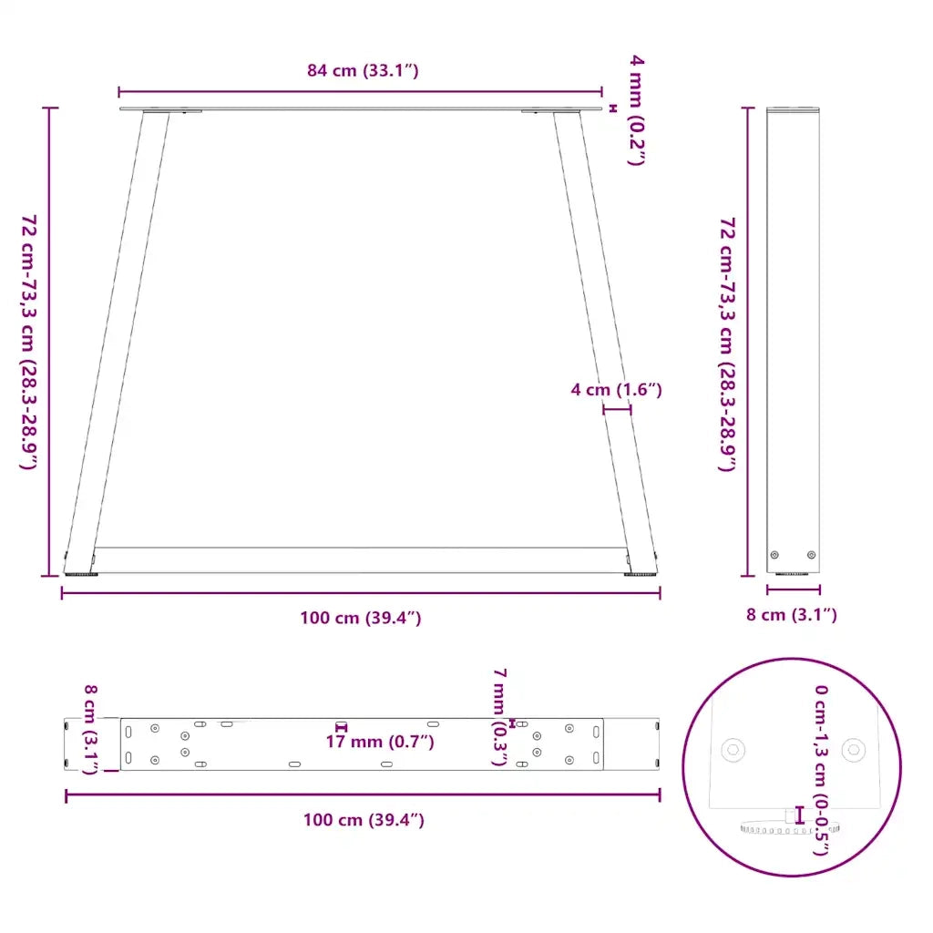 Gambe per tavolo da pranzo a forma di V 2 pz nere 100x(72-73,3) cm in acciaio