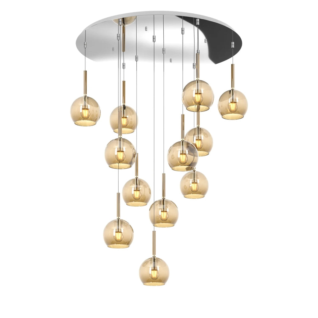 Lampadario Contemporaneo Future Metallo Cromo Vetro Ambra 12 Luci E27