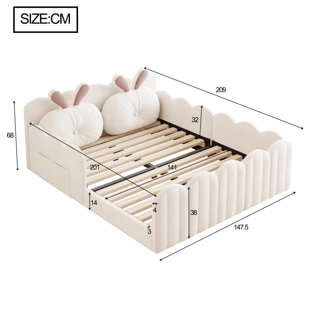 Letto piattaforma imbottito beige 140x200 cm con cuscino a forma di coniglio