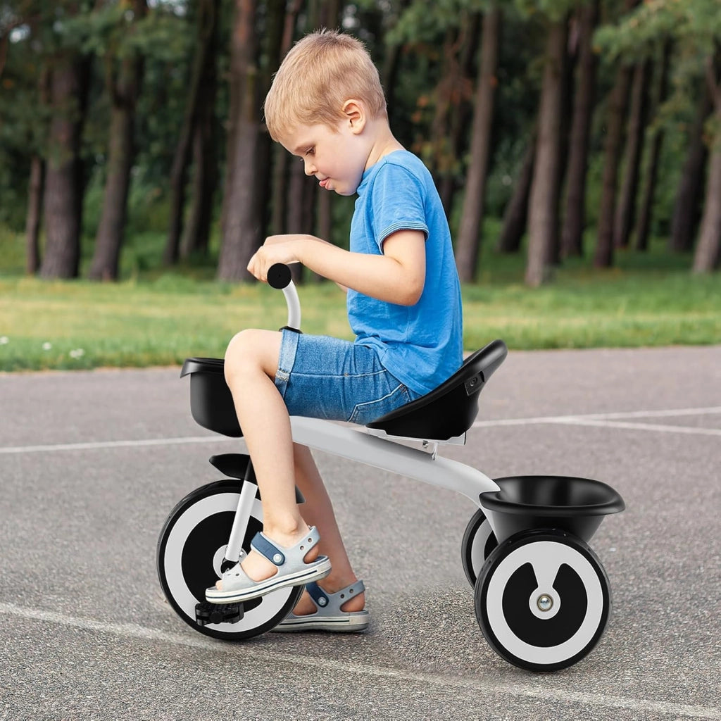 Triciclo Bambino 1-5 Anni, Triciclo Evolutivo con Sedile Comodo Regolabile in 2 Posizioni, Struttura a Triangolo Stabile, 2 Cestini di Stoccaggio, Ruote Antiscivolo, Carico 25 KG (Bianco)