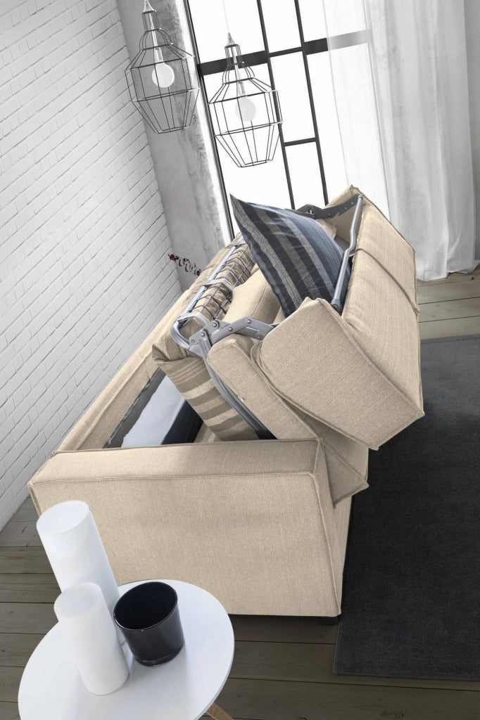 Divano Letto Amapola, Divano a 2 posti Large, Made in Italy, SofÒ  Soggiorno con apertura girevole, in tessuto imbottito, con Braccioli standard, cm 200x95h90, Beige