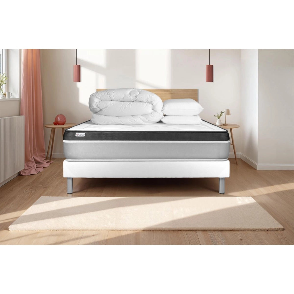 Pacchetto letto completo - Materasso 140x190cm + Box spring con doghe (in kit) + 2 cuscini + Piumino - Vital Ergo