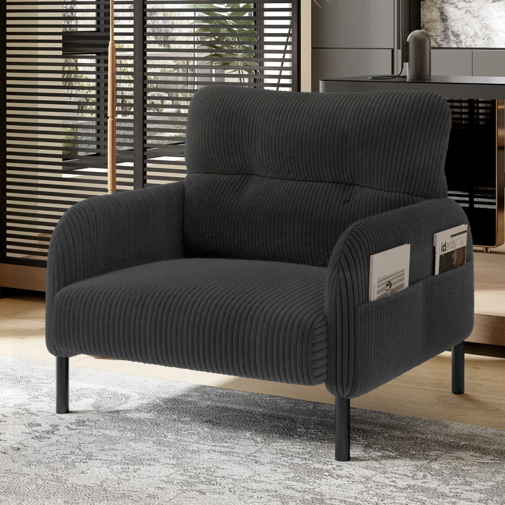 Poltrona Singola con Seduta Profonda e Tasca Laterale Schienale Ergonomico Struttura in Metallo in Velluto a Coste Grigio