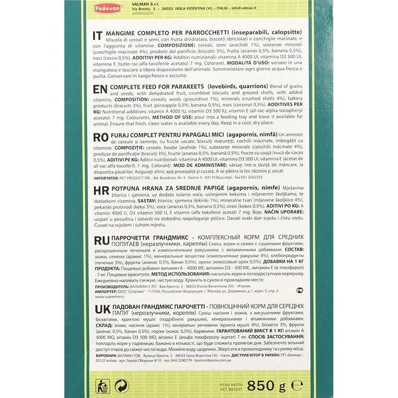PADOVAN GRANDMIX MANGIME PER PARROCCHETTI 850GR