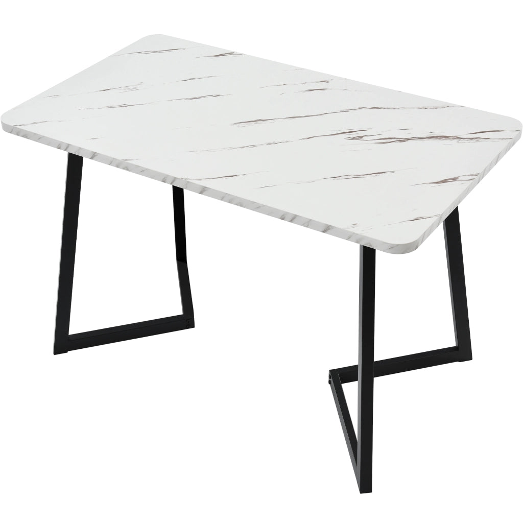 Tavolo da pranzo con 4 sedie in MDF con piano effetto marmo e gambe in metallo nero per cucina soggiorno e ufficio