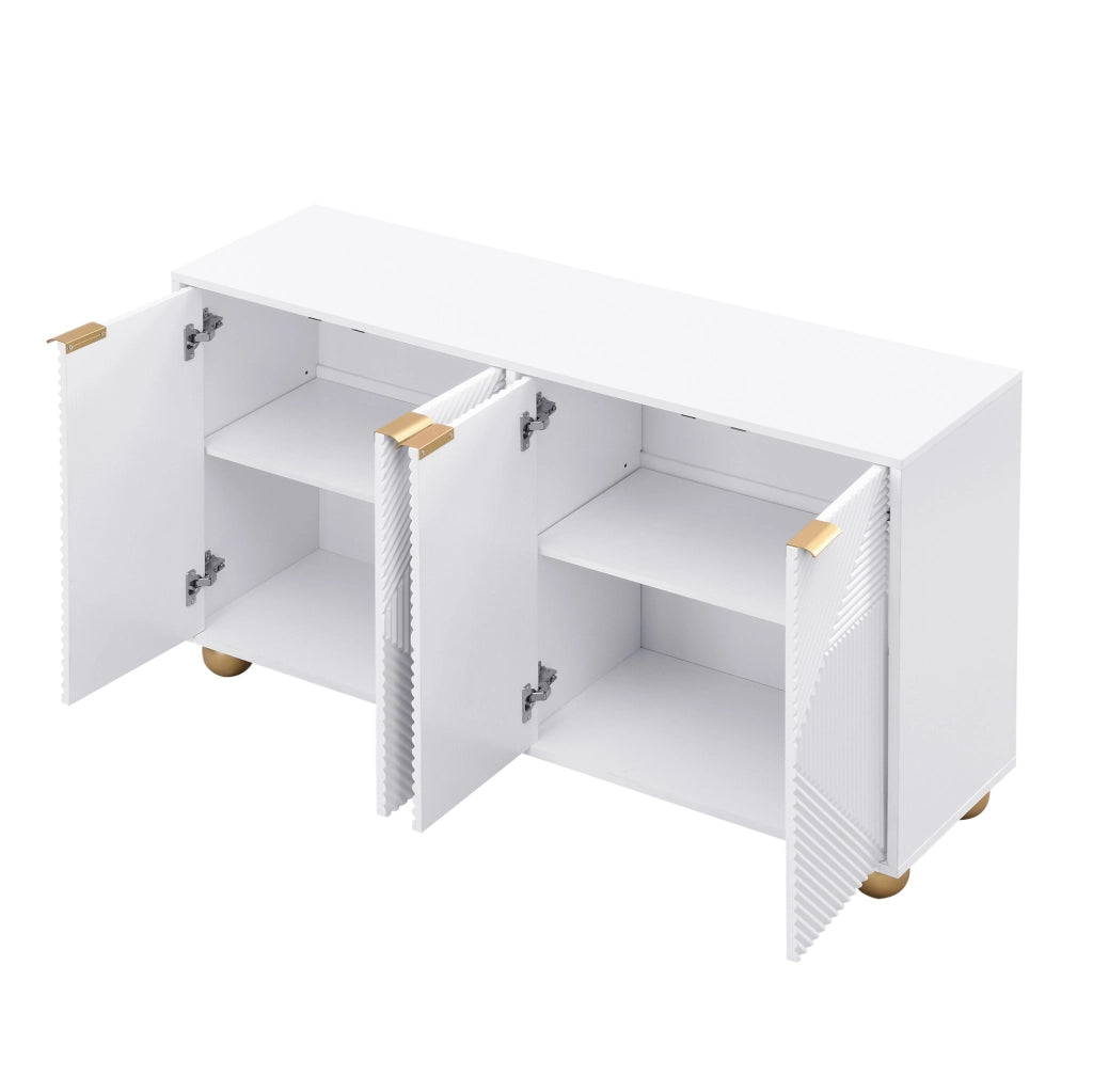 Sideboard 120x35x71.5 cm con 4 ante; ripiani regolabili e dettagli dorati; MDF bianco