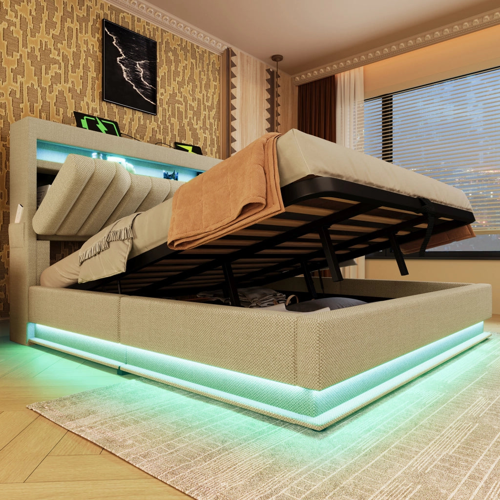 LETTO imbottito 140x200 cm Beige in lino con LED e USB