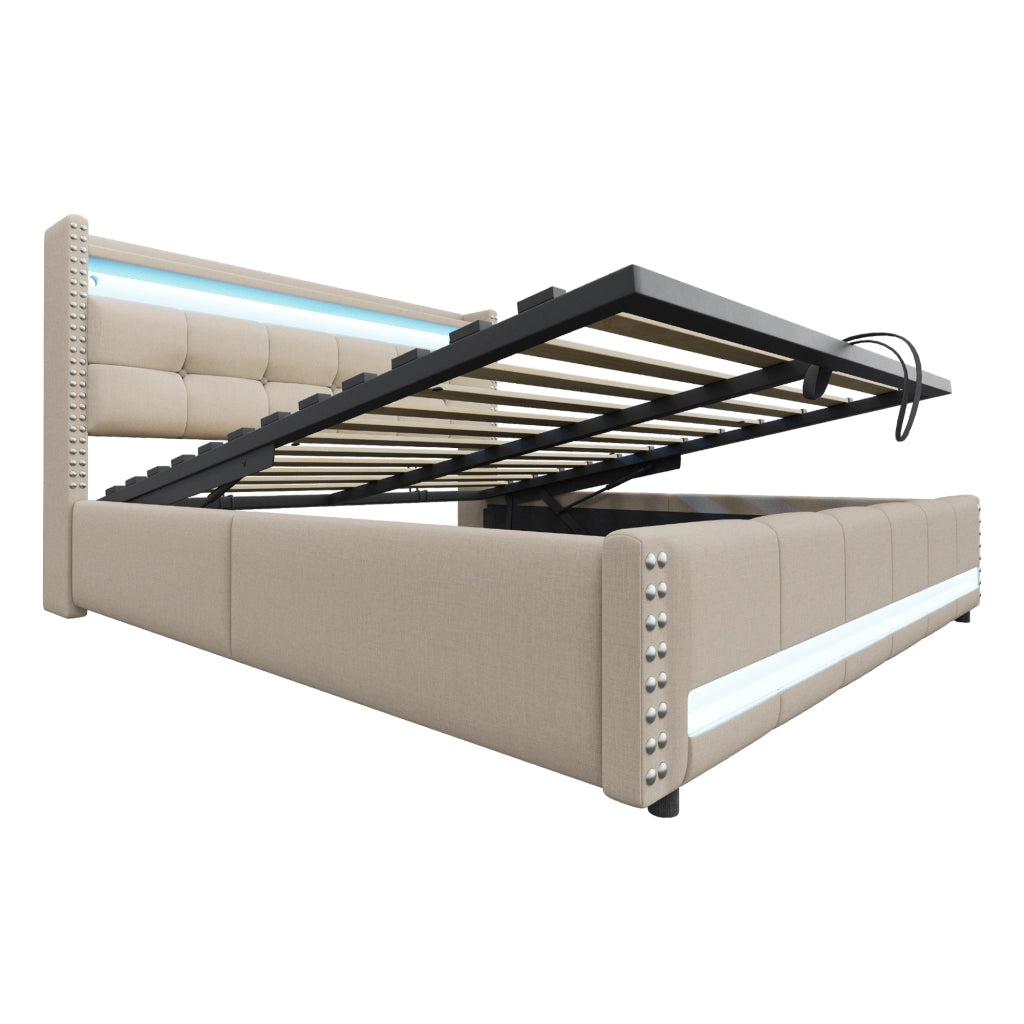 Letto imbottito matrimoniale 180x200 cm con LED, USB, contenitore idraulico e testiera con ripiani