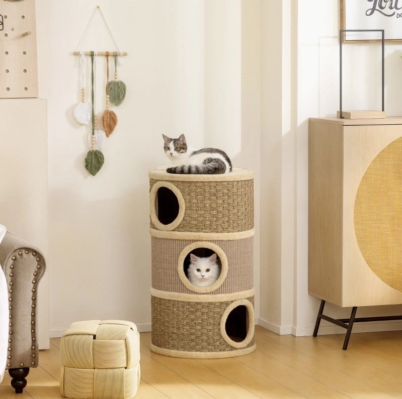 Torre tiragraffi a 3 livelli in poliestere khaki e marrone, 79 cm