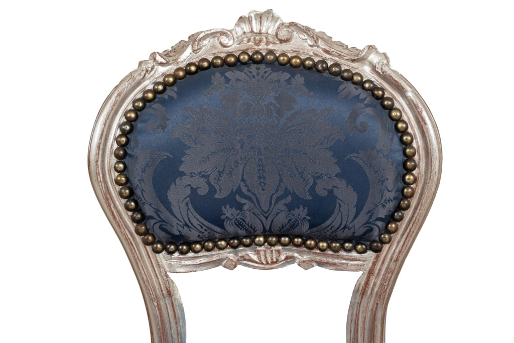 Biscottini Sedia poltroncina stile francese Luigi XVI in legno massello di faggio finitura argento e blu