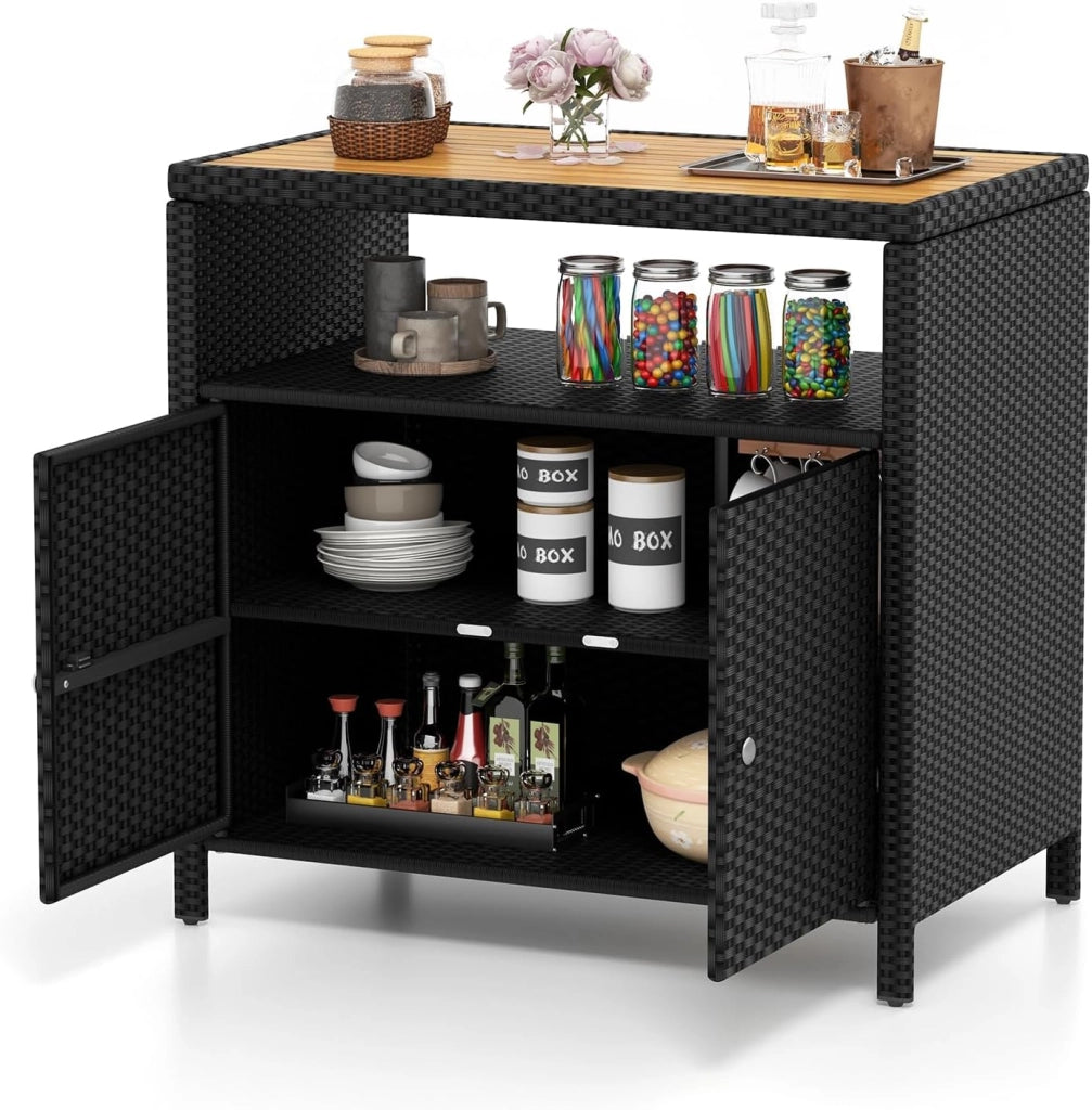 Armadietto Portaoggetti in Rattan, Mobile Buffet per Esterni in Legno di Acacia, con Compartimento Aperto e Armadio Chiuso a 2 Ante, per Piscina, Terrazza e Patio, 90 x 53 x 86 cm (Grigio)