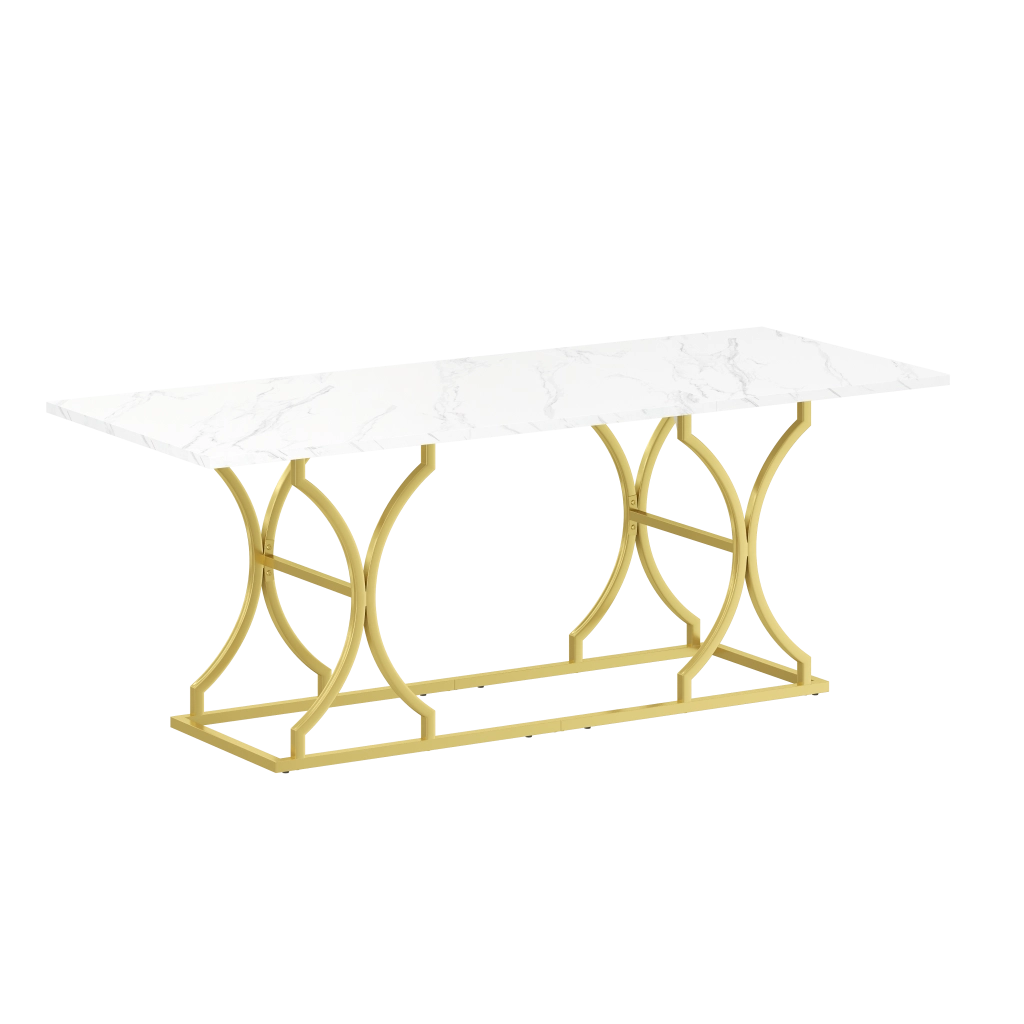 Tavolo da pranzo per 8-10 persone con piano effetto marmo e gambe in metallo dorato, per soggiorno, 200 × 80 × 76 cm