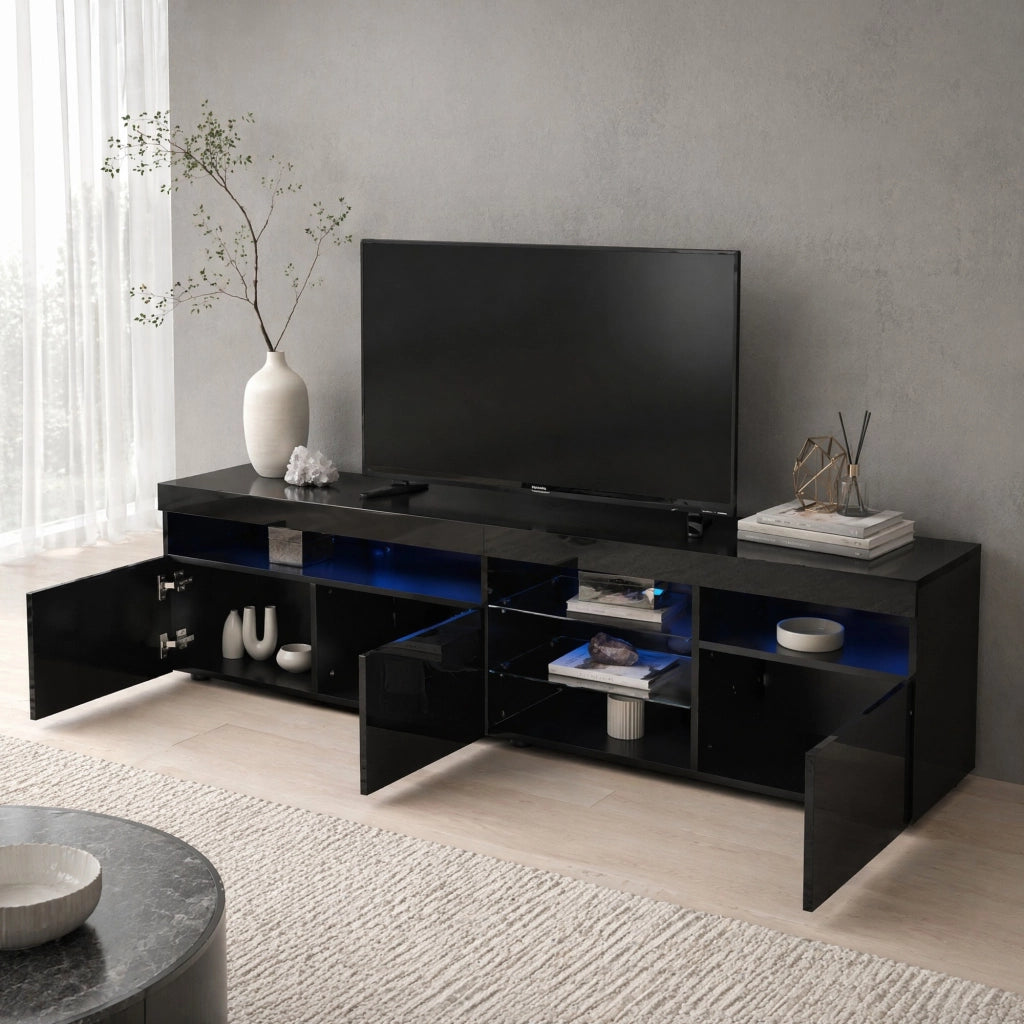 Mobile porta tv moderno con LED variabile, pannello lucido in MDF e vetro laminato nero 180 × 35 × 48 cm