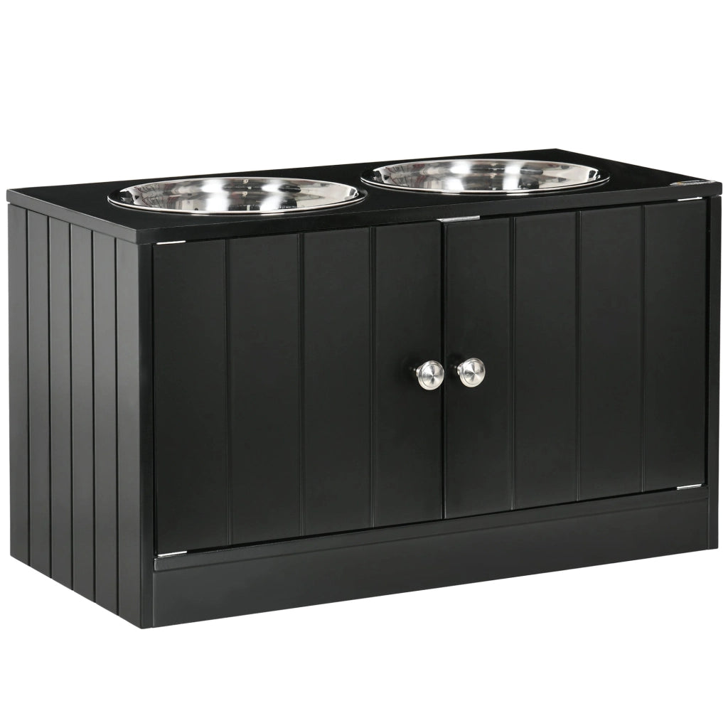 2 Ciotole per Cani Rialzate 60x30x35,5 cm in Acciaio Inox con Vano Contenitore Nero