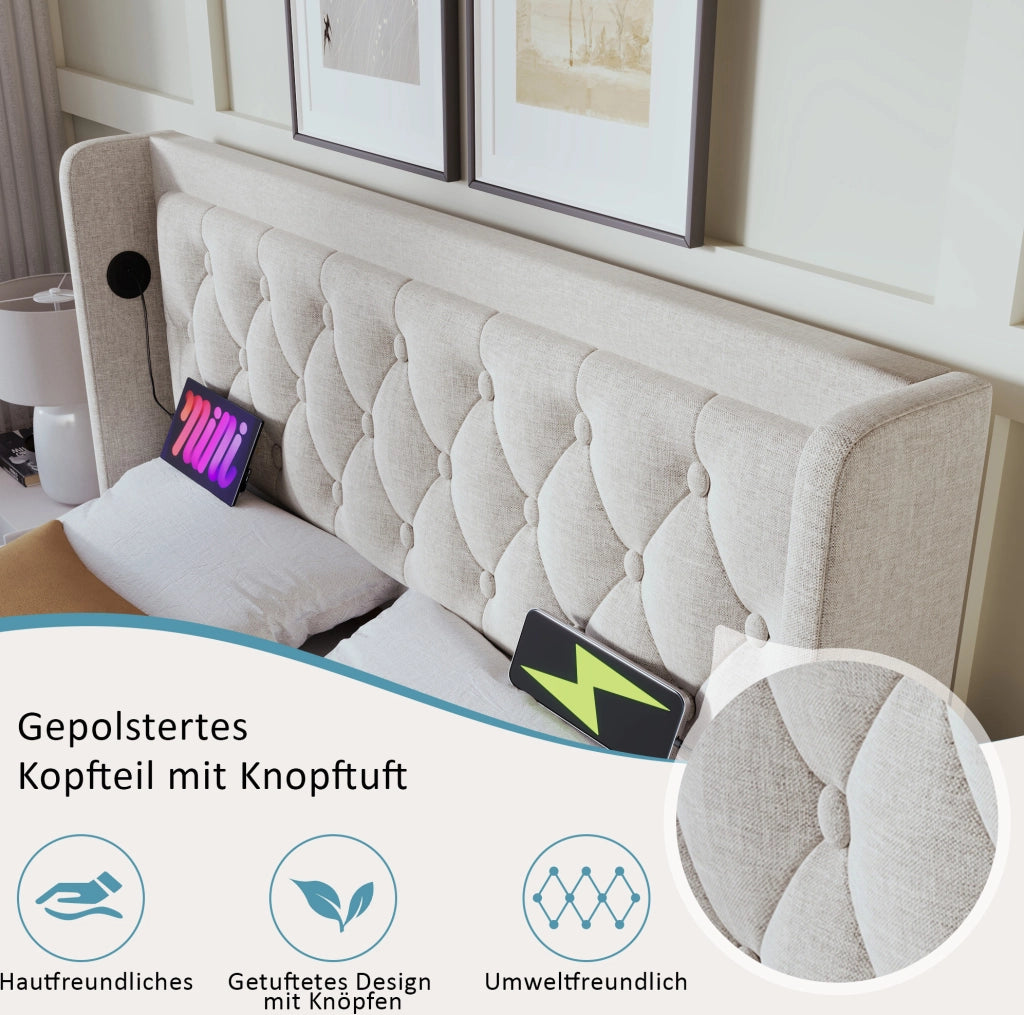 Letto contenitore con testiera imbottita; LED; USB e Type-C; beige