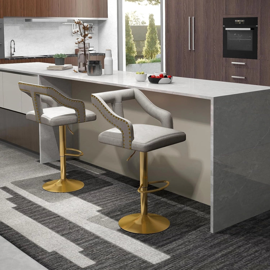 Set 2 Sgabelli da Bar in Velluto, Sedie Girevole e Regolabile con Poggiapiedi, Schienali in Forma a T, Braccioli, Base in Metallo Elettroplaccata per Cucina ad Isola e Sala da Pranzo (Grigio)