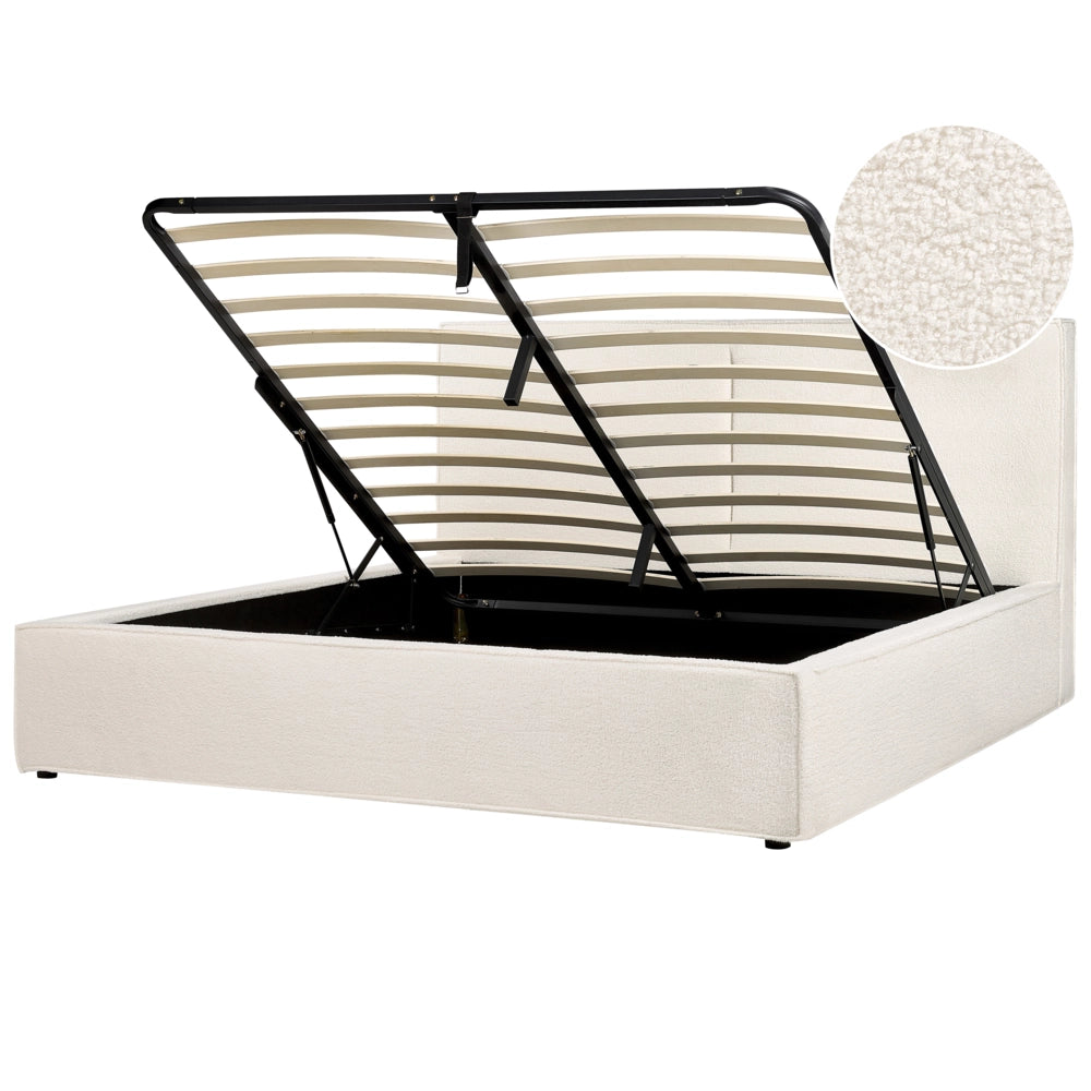 Letto king size 180 x 200 cm Bianco Sporco Rivestimento in bouclé Ottomana di contenitore Telaio a doghe Camera da letto moderna contemporanea