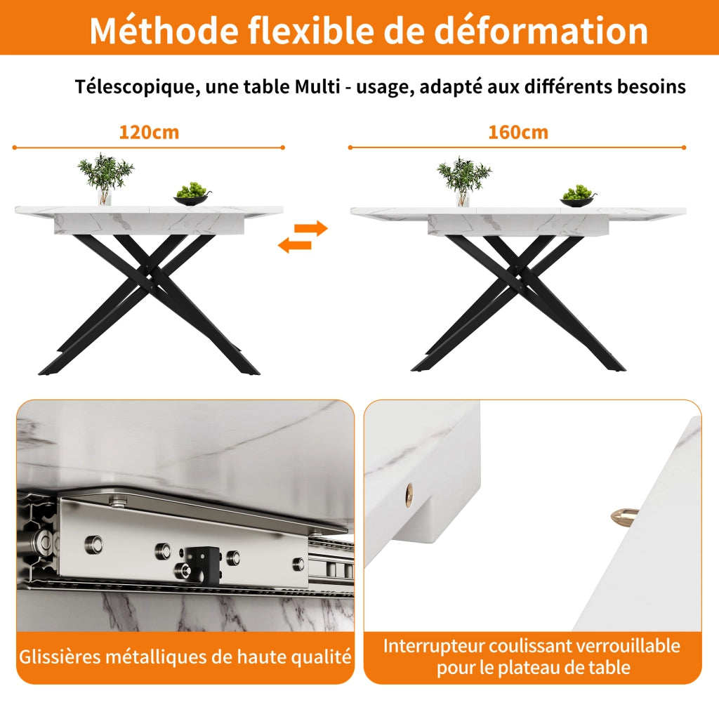 Tavolo allungabile per 6-8 persone con gambe incrociate in metallo, per cucina e soggiorno, bianco e nero, 120 × 80 × 76,5 cm